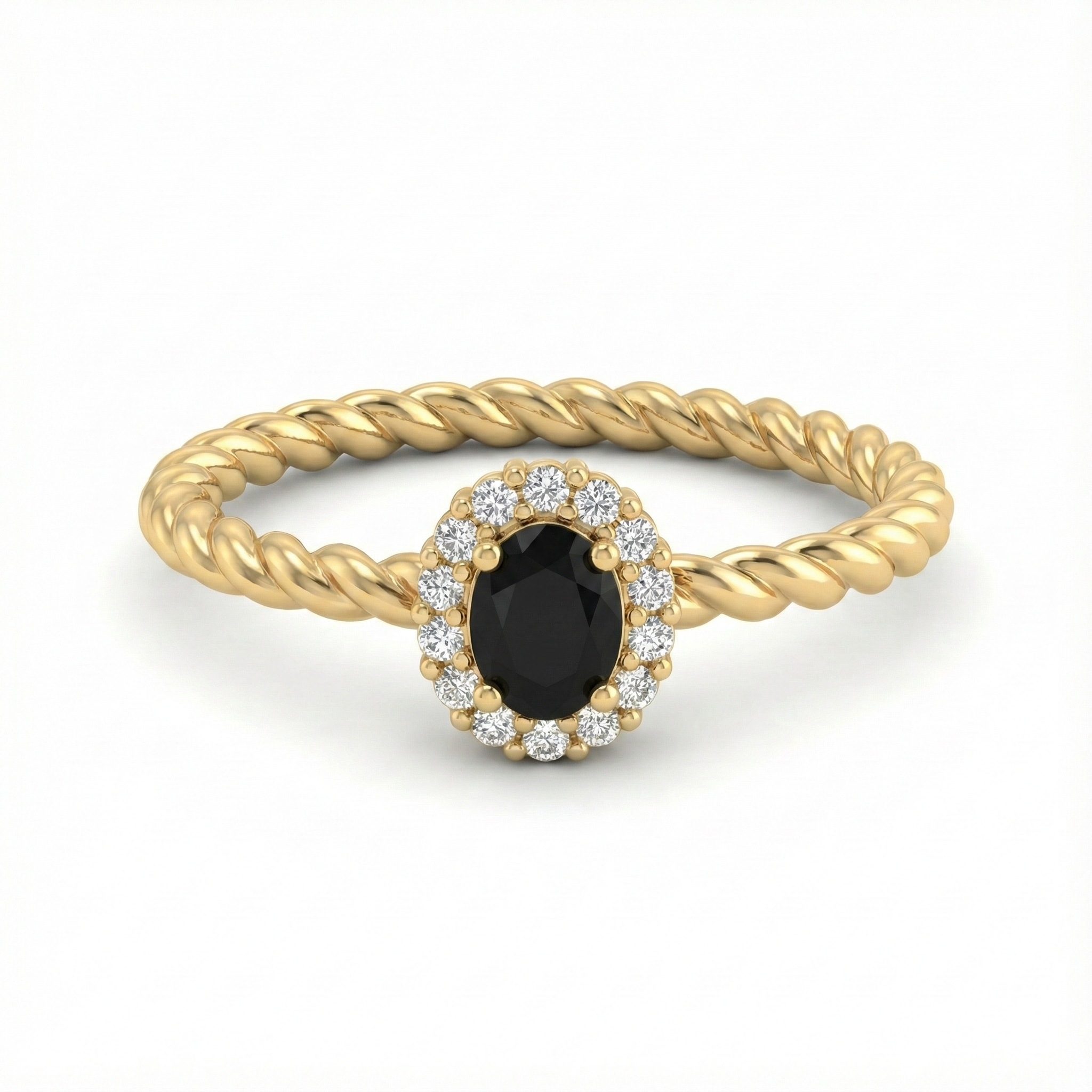 Bague dorée or 18k à anneau torsadé avec pierre noire facettée entourée de zircons blancs, bijou élégant et contrasté